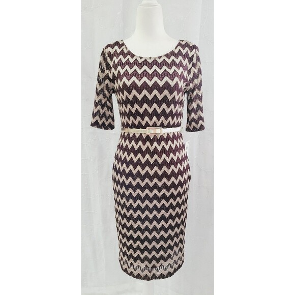 Connected Apparel Dress Bordeaux Chevron Metallic Cocktail Belt Womens 4P Petite - Picture 1 of 10